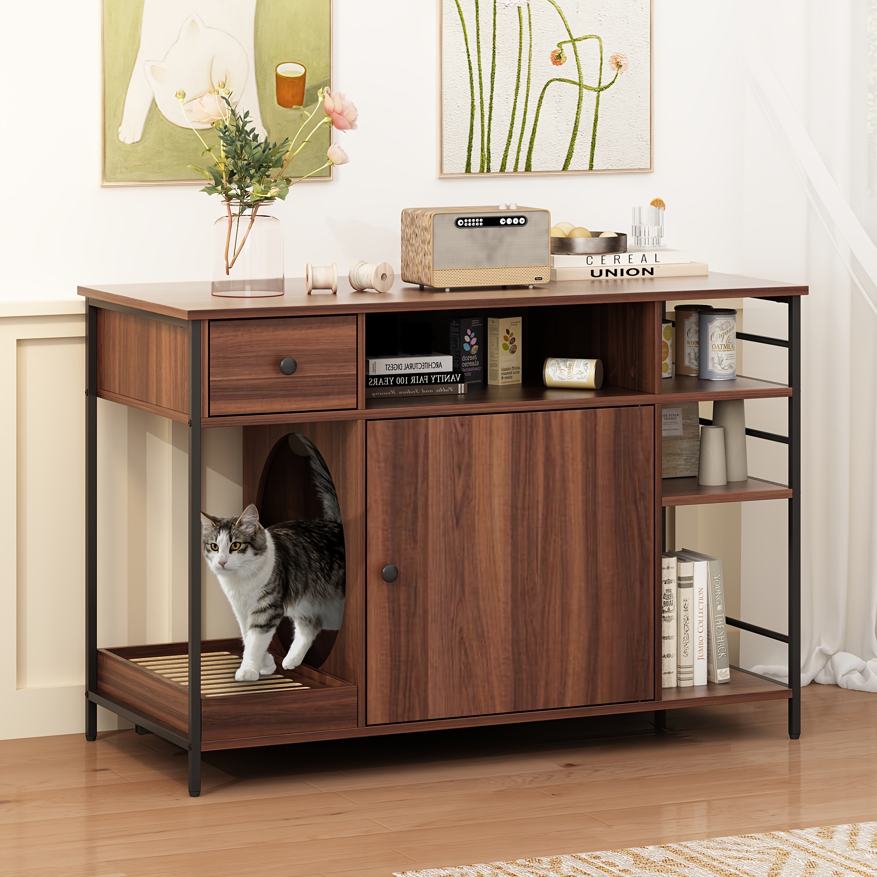 

Cat Litter Box Enclosure Furniture With Drawer And Shelves, Wooden Cat Washroom With Litter Catch, Hidden Litter Box Cat Cabinet, Side Table For Living Room, Bedroom