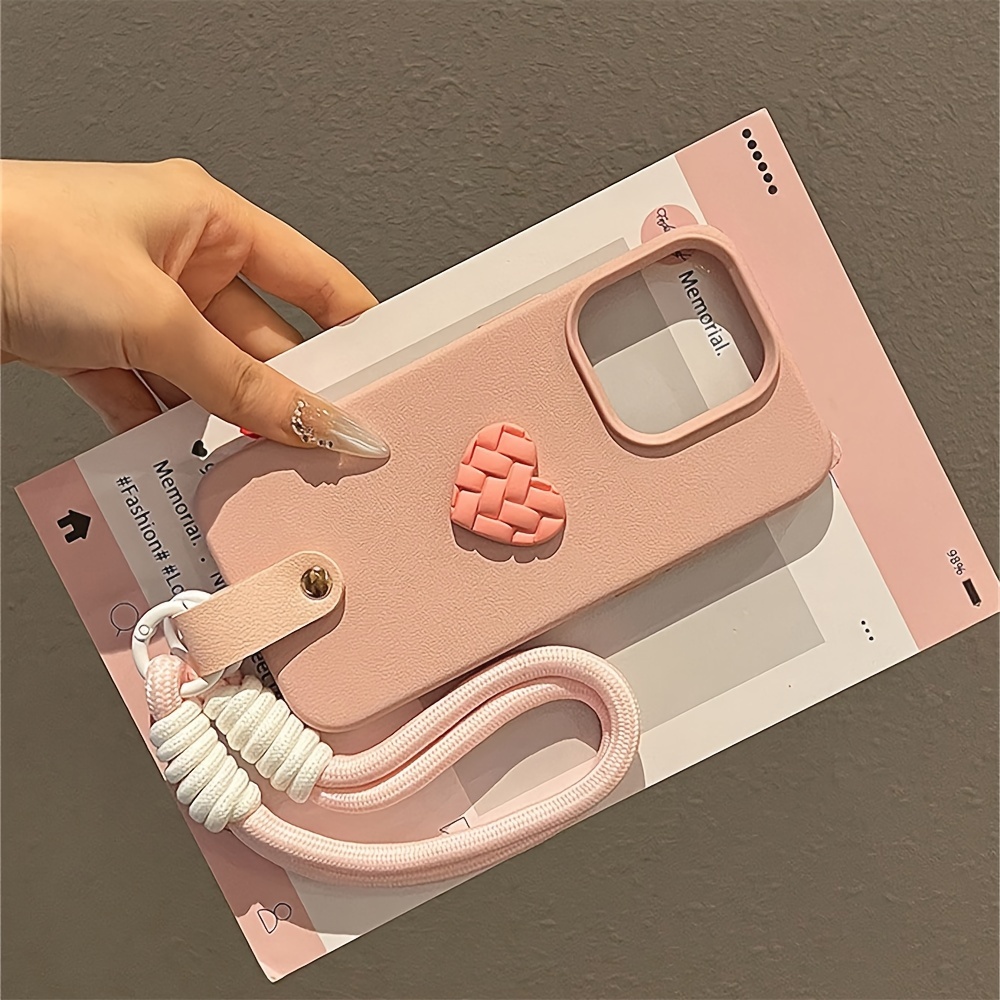 Stylish Braided Love Heart Phone Case with Portable Rope Compatible with iPhone 16 15 14 12 13 11 Pro Max, Shockproof Back Cover