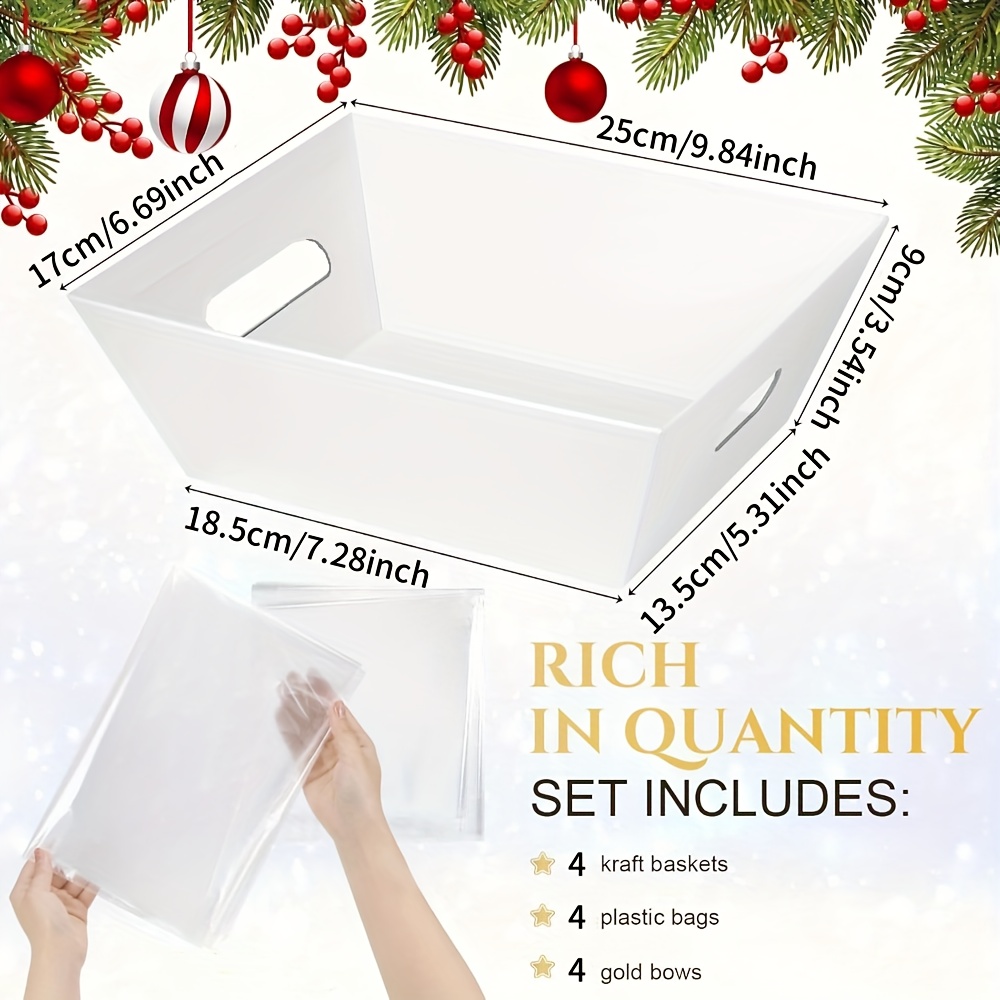 4-Set White Kraft Paper Gift Baskets with Golden Ribbon - Elegant Empty Baskets for Christmas, Easter, Birthdays - Durable & Stylish for Presents, Gifts, and Special Occasions, Gift Baskets for Gifts, Holiday Gift Baskets, Decorative Ribbon Accents, Sturdy Construction, Gift Basket (empty/chocolate), Birthday Basket, Gift Box, Gift Boxes