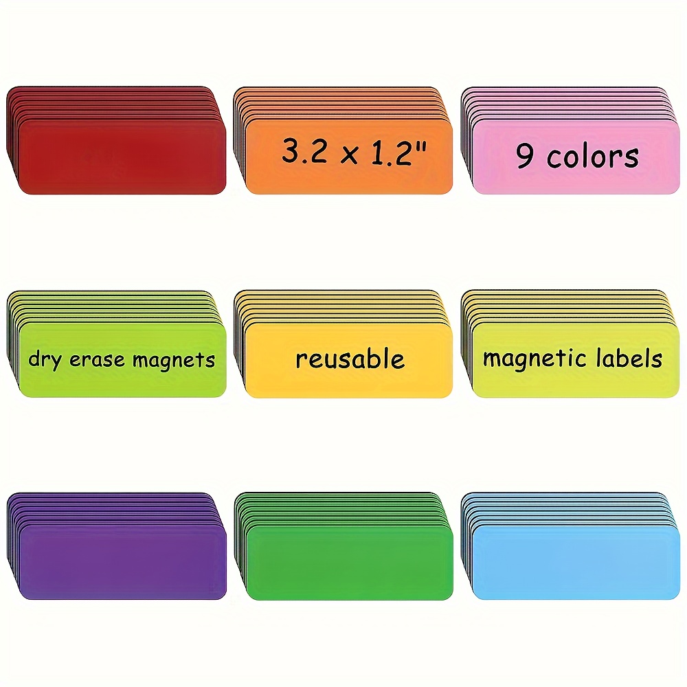 

9 Colors Dry Erase Magnetic Labels, 3.2 X 1.2 Inches, Reusable & Waterproof, Rubber, For Office Storage, Cabinets, Whiteboards,