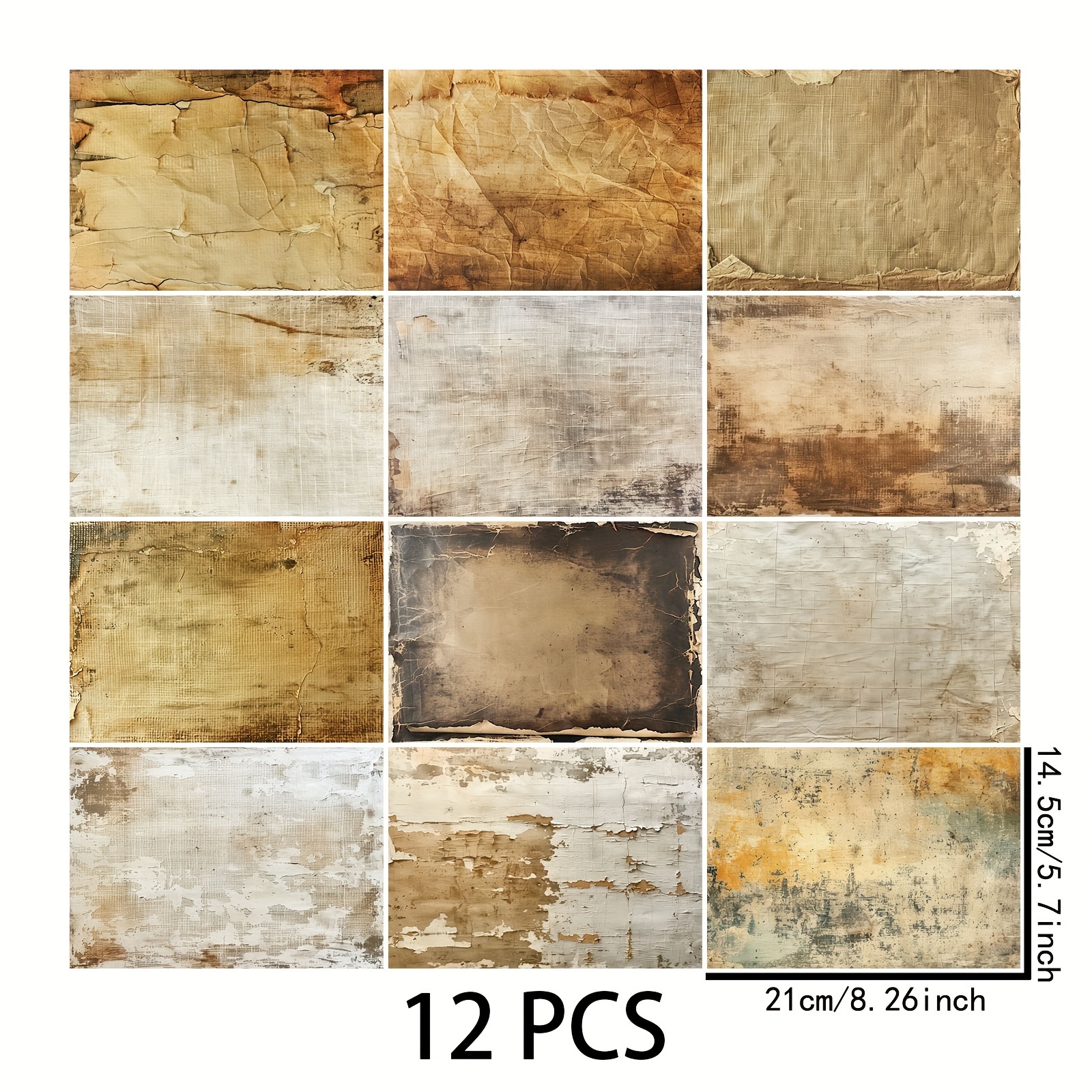 Image of 12 Sheets A5 Size Vintage Distressed Wall Crack Background Material Decorative Vintage Journal Card Planner Background Mat