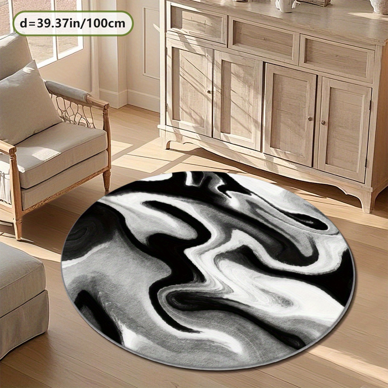 TEMU Zulida Large Modern Abstract Black & White Round Mat - Plush Soft Circular Mat With Non-slip Backing, Beige/gray/white/black, Machine Washable