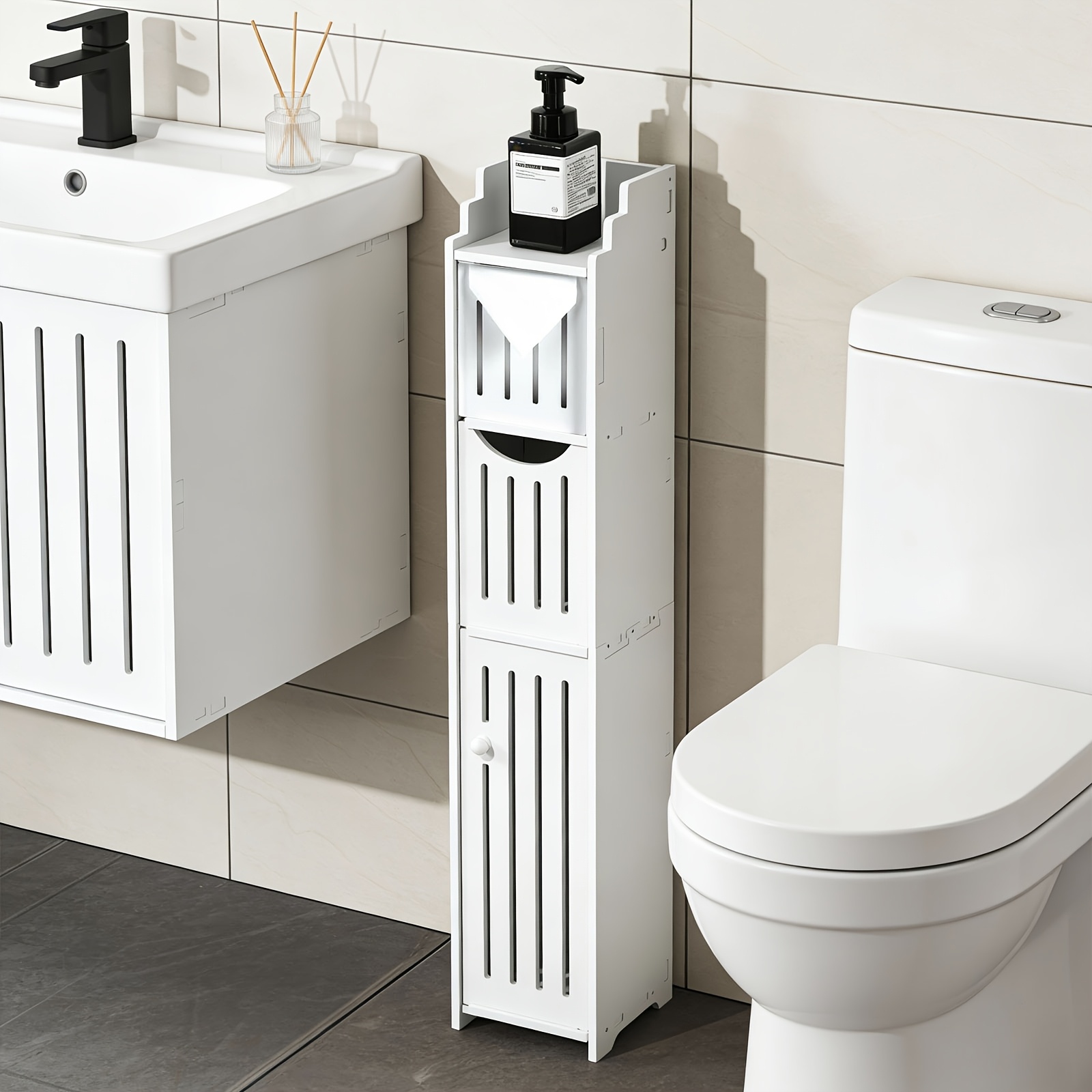 TEMU Small Bathroom Storage Cabinet, Slim And Pvc Organizer, Ideal For Tight Spaces, Easy To Assemble And Durable, Toilet Paper Holder Cabinet For