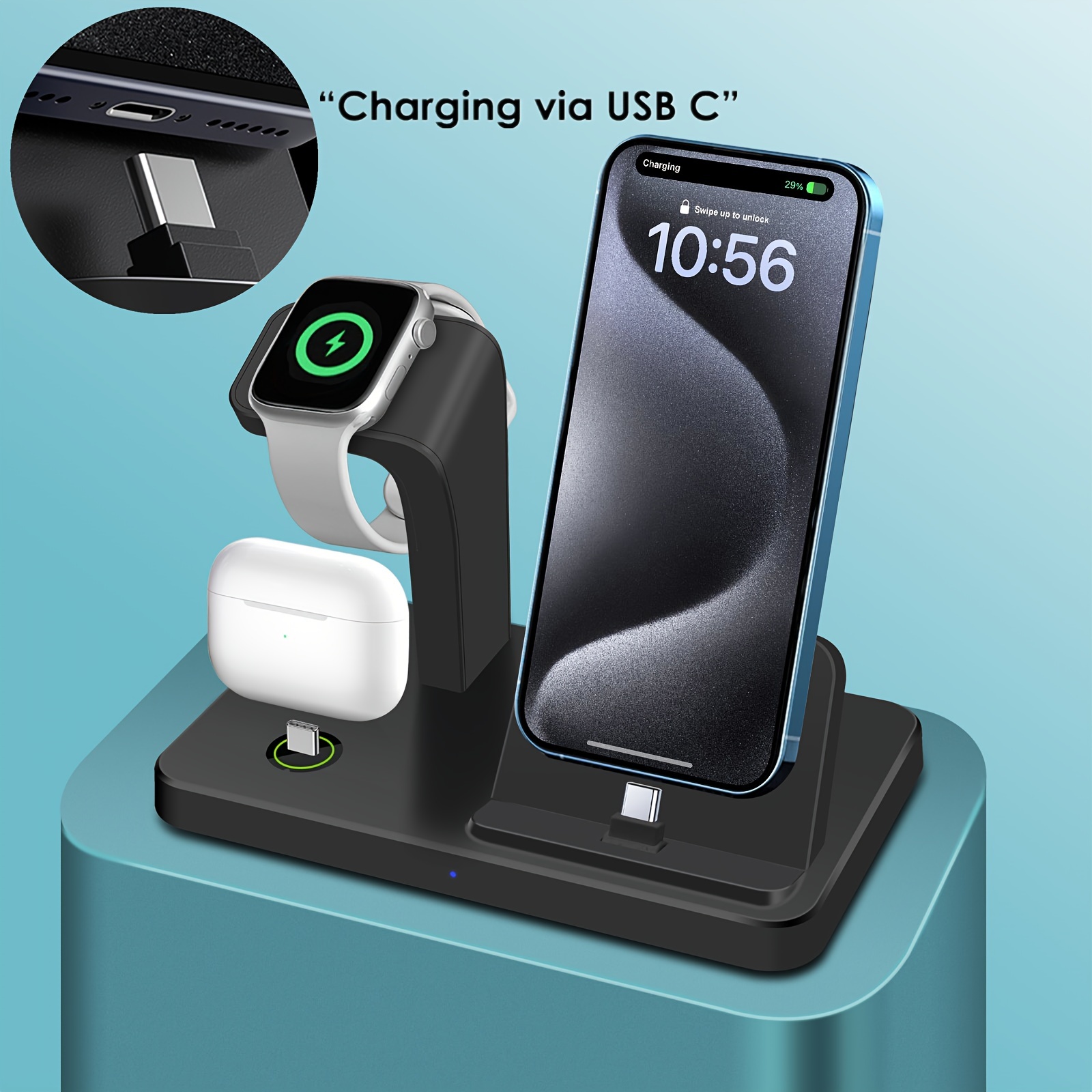 

3 In 1 Typc C Fast Wireless Charger Stand For Multiple Devices Charging Station Iwatch 6 Se 5 4 3 2, 15 Series /plus, Airpods With Charging Case Usb C