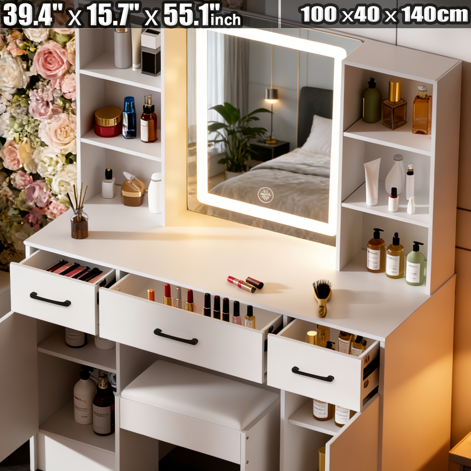 TEMU Modern Dressing Table Led Light Mirror Makeup Desk Vanity Stool Set With 3 Color Makeup Vanity Table With Smart Led Mirror, Stool, 3 Drawers,