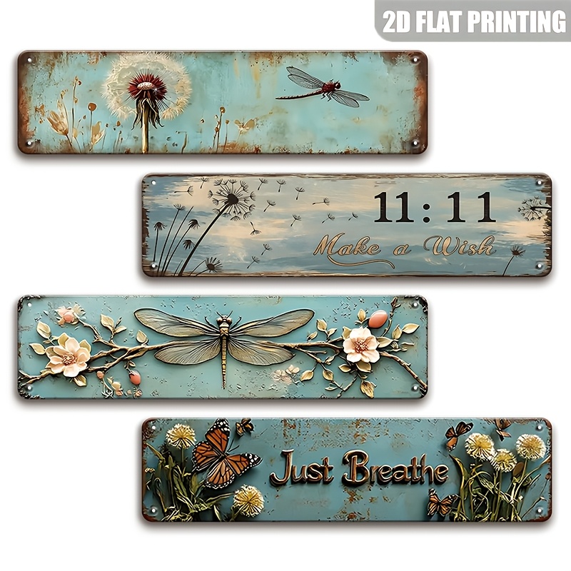 TEMU 2d Flat - 4pcs & Dandelion Metal Tin Signs, Retro Rustic Inspirational Quote Wall Decor, 2d Flat Printing & Flower Iron Plaques, Perfect For