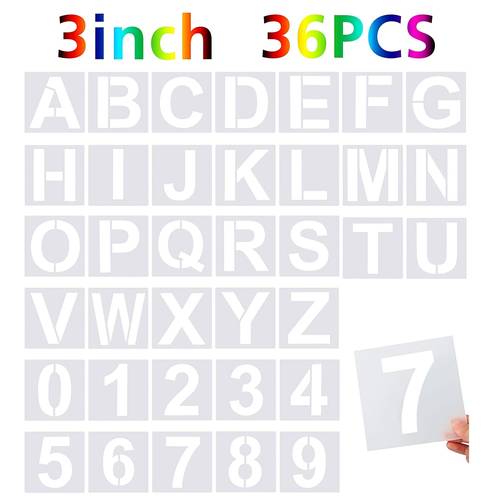 set mit 36 großen schablonen mit buchstaben und zahlen, zum malen auf verschiedene oberflächen wie holz, wände, stoff, , tafeln und, erhältlich in den größen 3, 4 und 5 zoll