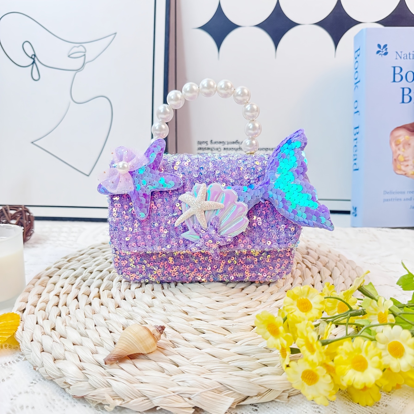 TEMU 1pc Mini ' Fabric Pearl Handbag, Cute Magnetic Closure, Large Fishtail Patch, Sequined Surface, Adjustable Shoulder Strap Single Shoulder Bag,