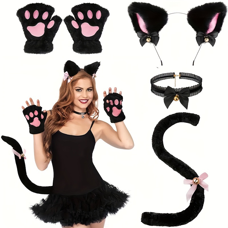 

Cat Cosplay Costume Set With Bell, 4-piece Animal Role Play Accessories Kit - Black Cat Ears Headband, Paw Gloves, Tail, Collar - Polyester Party Dress Up Props For Themed Events