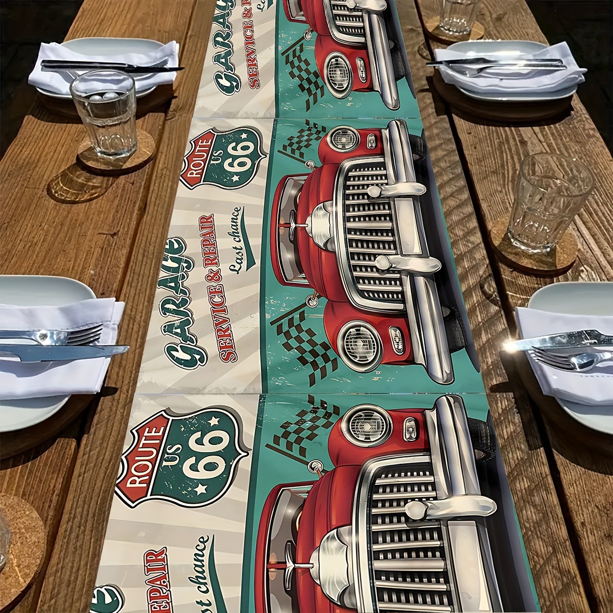 

Vintage Car-themed Table Runner: Retro 66 Route Design, Perfect For Your Bohemian Kitchen Or Party Decor - Made Of Durable Polyester