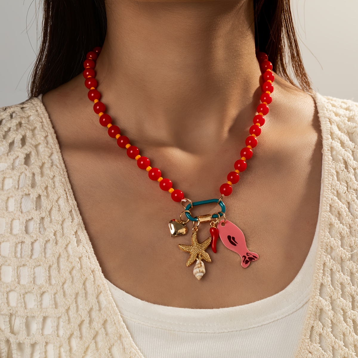 TEMU 1 collar de acrílico de aleación estilo bohemio Y2K con diseño de aceite goteante y pez, collar de cuentas de , ideal para uso diario, fiestas y