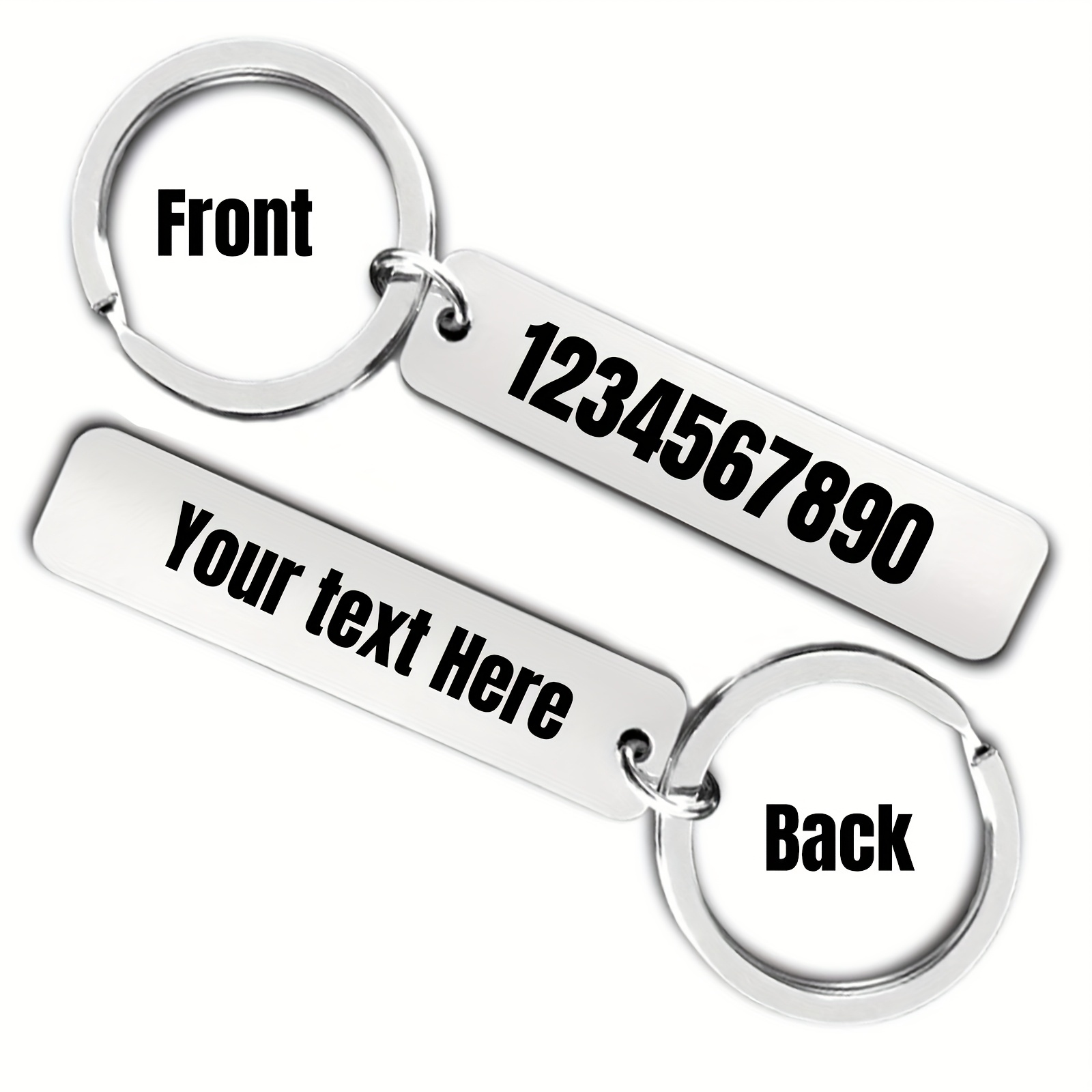 A Personalized Keychain With Custom Text, Including A Phone Number, Lost Prevention Information, Or Other Custom Phrases.