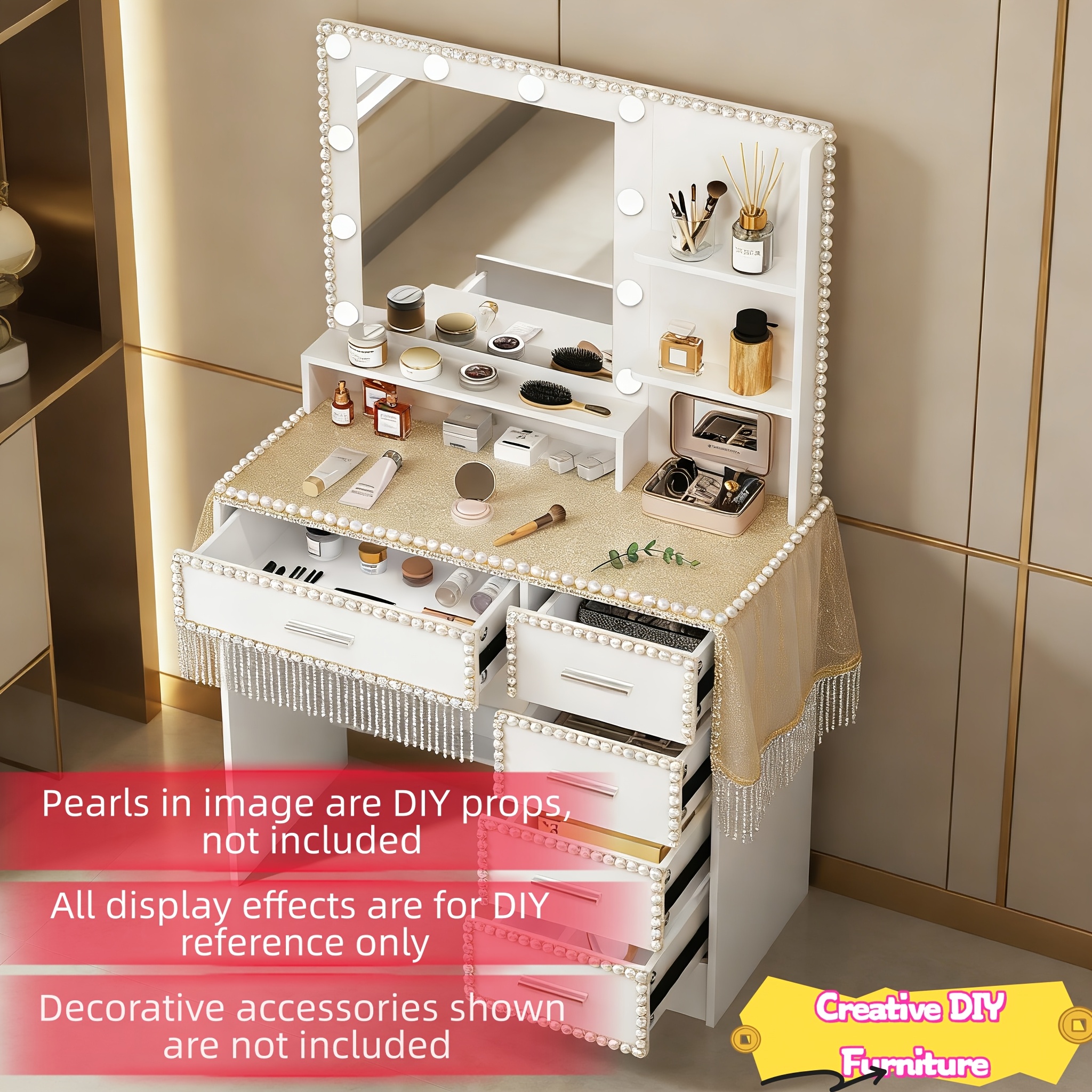 Premium Solid Wood Modern Ladies' Vanity Table with LED Mirror