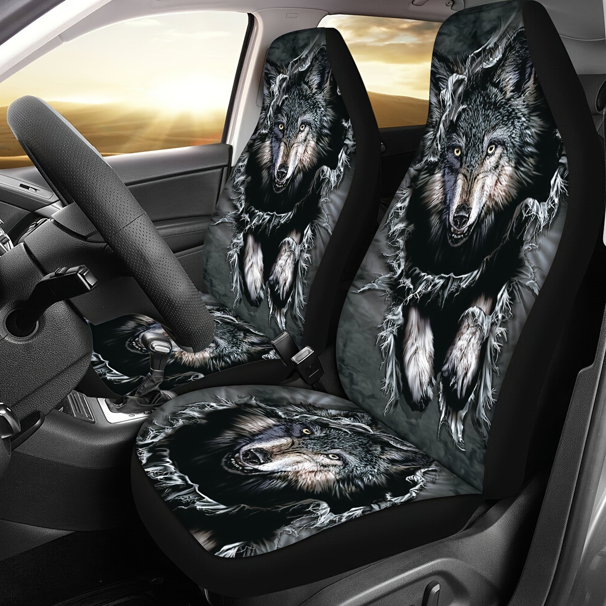 

1pc Black Wolf Print Car Front Seat Cover, Car Interior Accessory