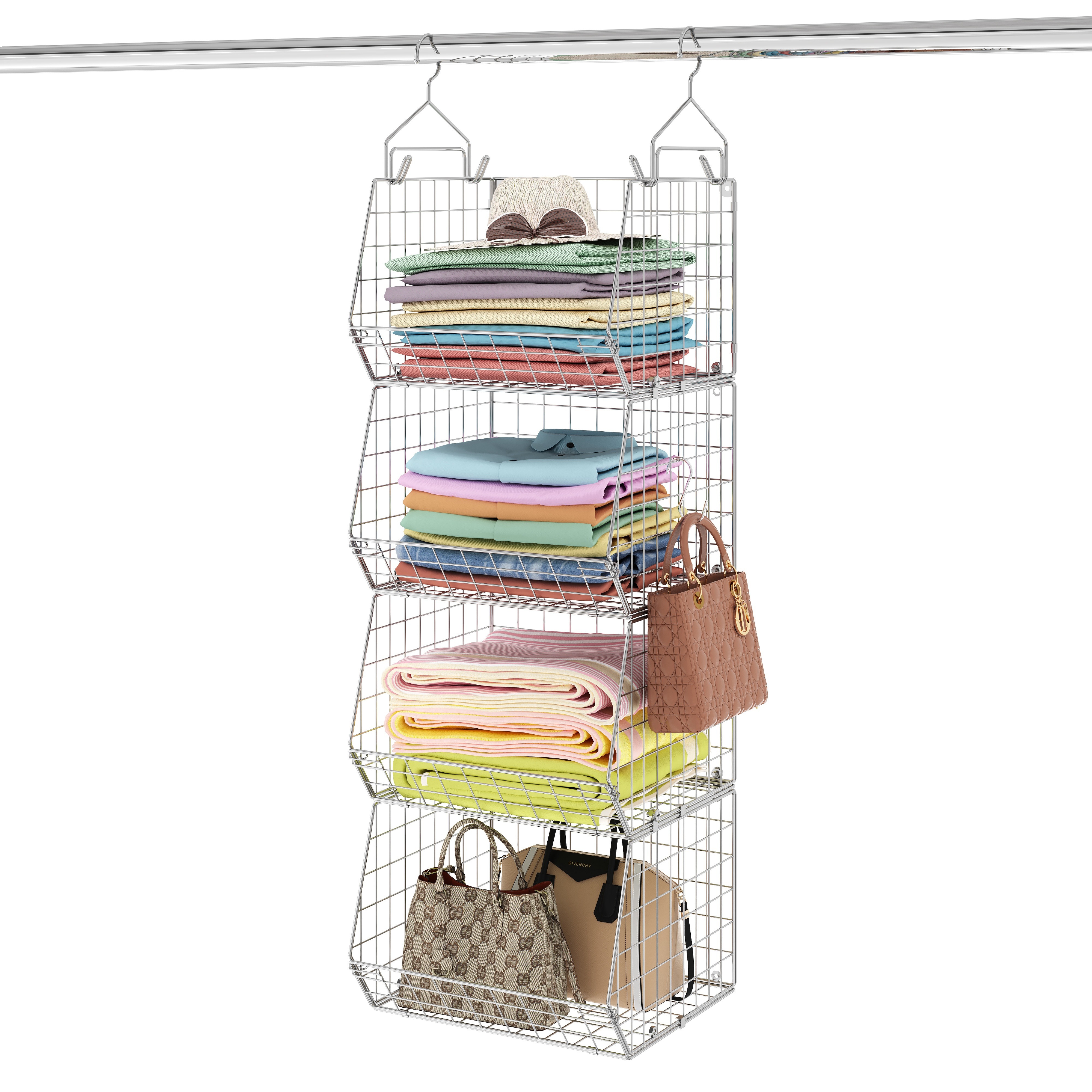 

1pc 4-tier Hanging Storage Rack, With 5 S Hooks, Metal Hanging Shelving Organizer, Stackable Wire Storage Basket Bin, For Bedroom Bathroom Laundry Room, Silvery