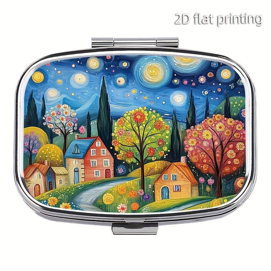 Image of 1pc Beautiful Scenery Pill Box - Compact 2-compartment Medicine Case, Portable Pocket Purse Vitamin Container, Mini Travel Pill Storage Box, Perfect Gift For Seniors And Travelers