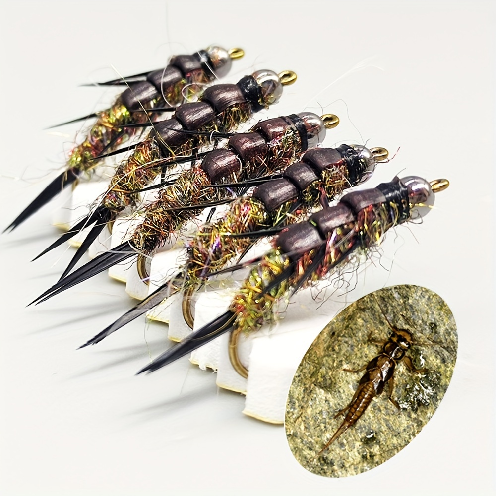 

6pcs Stonefly Larvae Fly Baits, Realistic Design, Fly Fishing Trout Bait, Size 10, Slow Sinking, Ideal Fishing Accessory For Freshwater And Saltwater Fishing