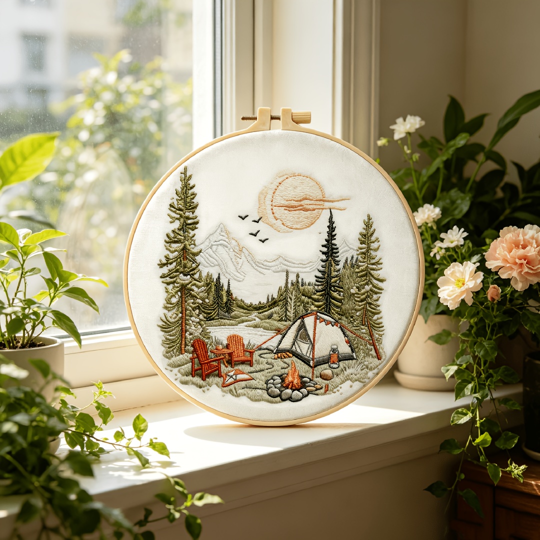 TEMU Kit de broderie pour débutants adultes, motif de tente de campement , kit de démarrage de broderie à , kit de broderie comprenant une toile de