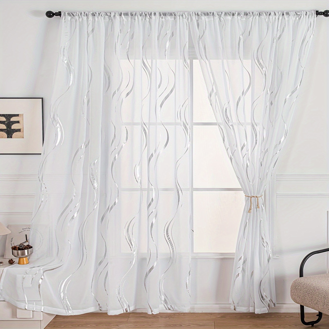 1pc Black And White Water Ripple Hot Stamping Silvery Curtain Window Screen