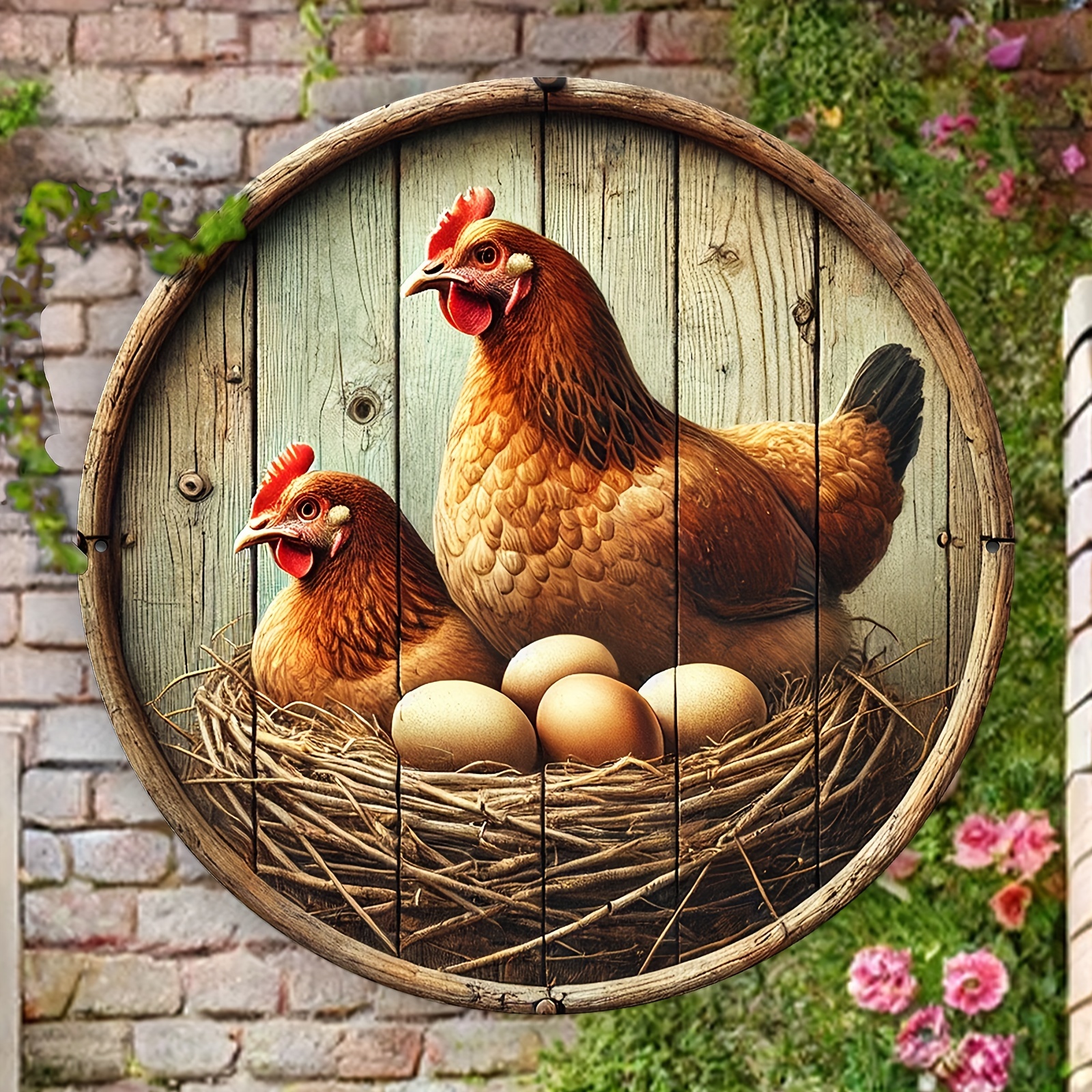 

Aluminum Chicken Coop & Hen With Eggs Vintage Round Wall Sign Decor - 8x8 Inch, Waterproof, Weatherproof, Set Of 1, For Home, Apartment, Shop, Chicken Coop Decorations