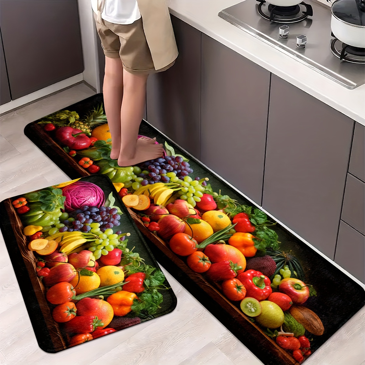 

1pc/2pcs, Fruits Kitchen Mats, 1.2cm Thickness Non-slip And Durable Bathroom Pads, Comfortable Standing Runner Rugs, Carpets For Kitchen, Home, Office, Sink, Laundry Room, Bathroom, Spring Decor