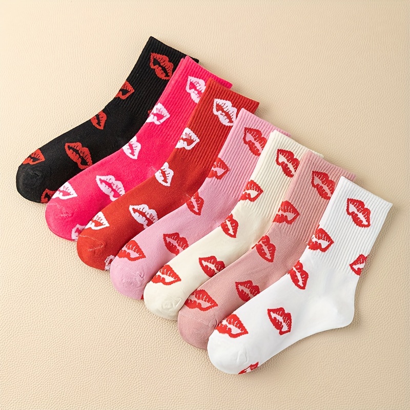 

7pcs Women's Red Lip Pattern Mid-calf Socks - Breathable, Sweat-absorbent, Soft Polyester , For Streetwear Or Casual Outfits, Cute Socks