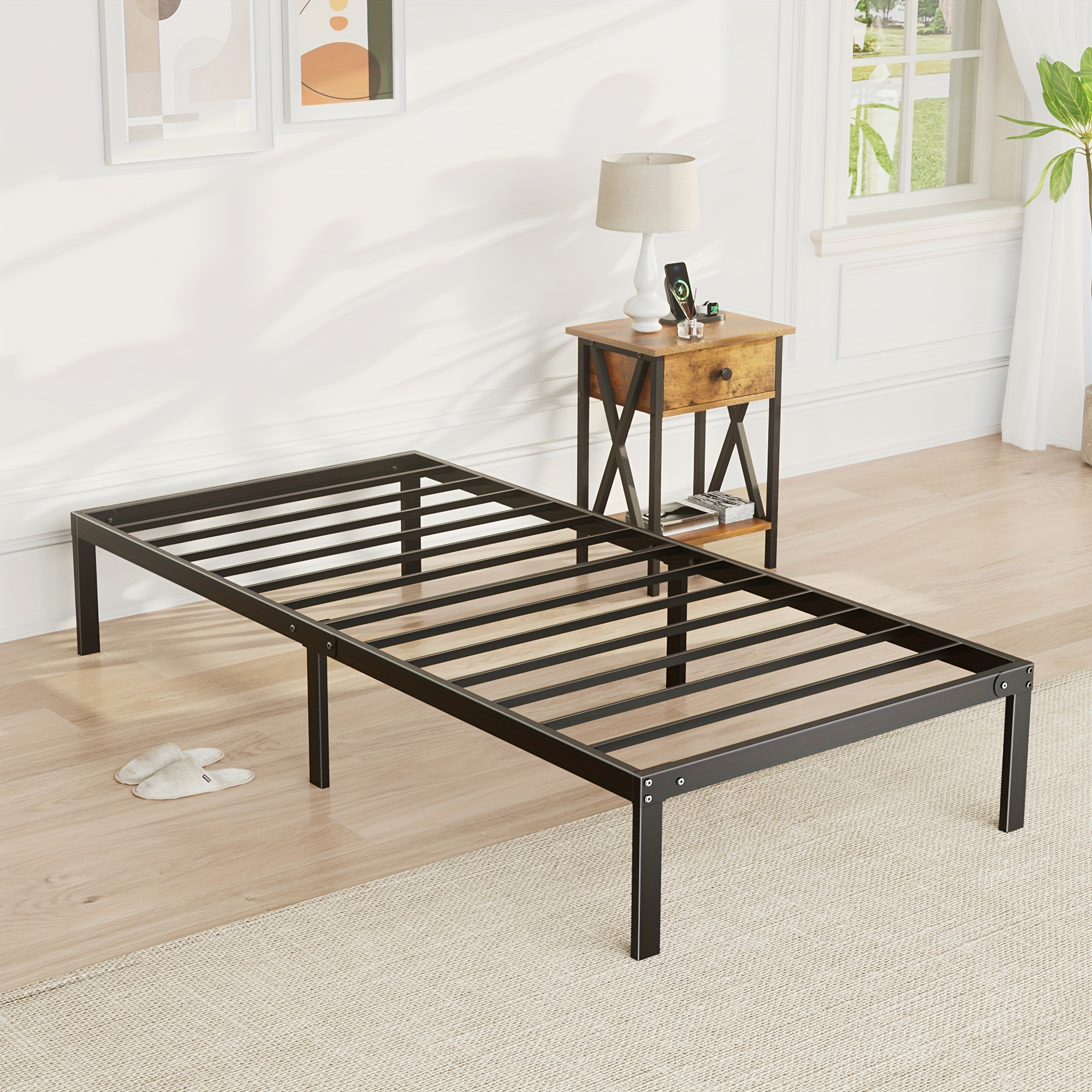 

Twin Size Bed Frame For Hotel - Heavy Duty Metal Platform Bedroom Frames King Size With Storage Space, Spring Needed, 14 Inches High, Sturdy Steel Slat Support, Black For Restaurant