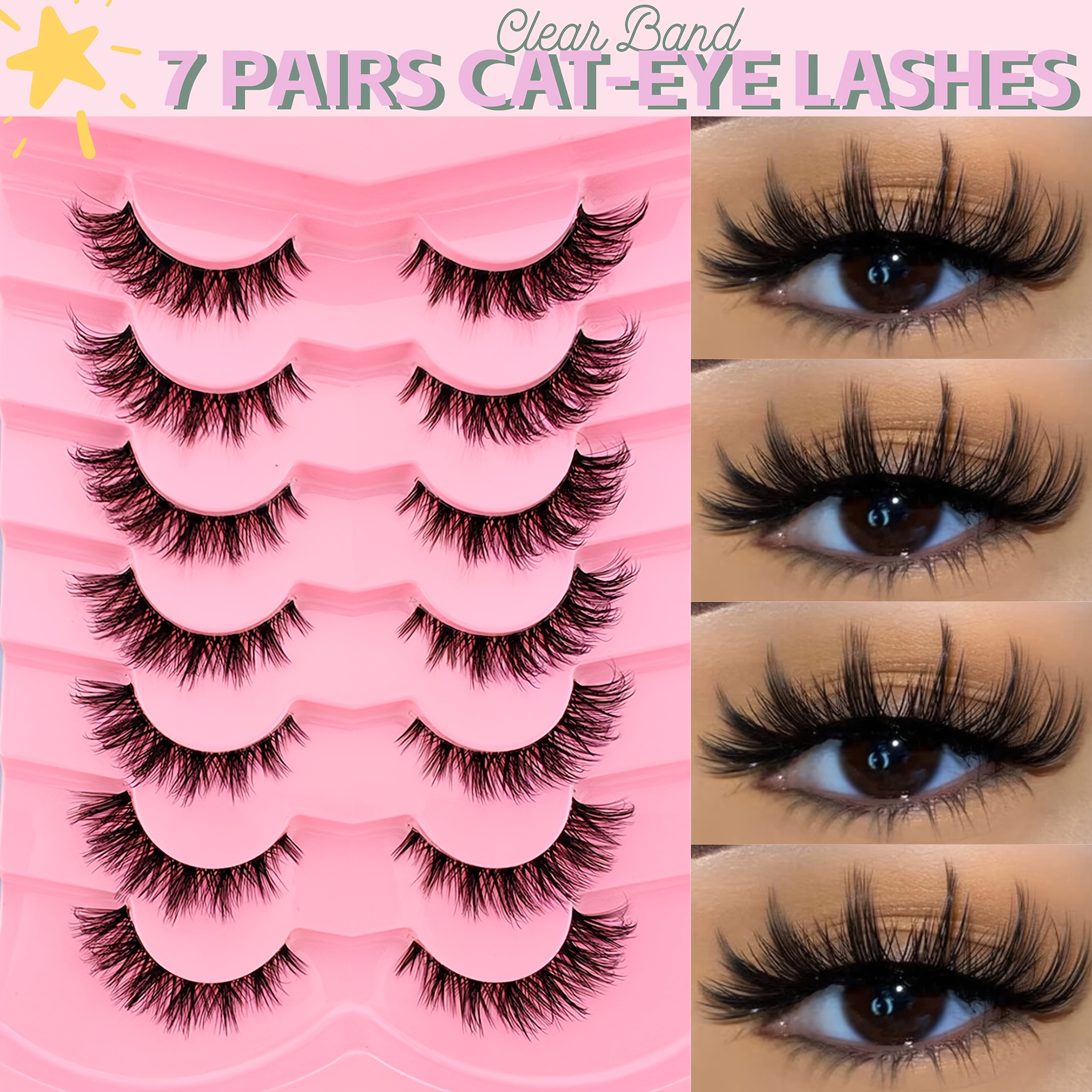 7 Pairs Pack, Clear Stem, Cat Eye False Eyelashes, , Fluffy, Thick, Natural, Comfortable And Versatile, Suitable For Occasions, Eye Lashes