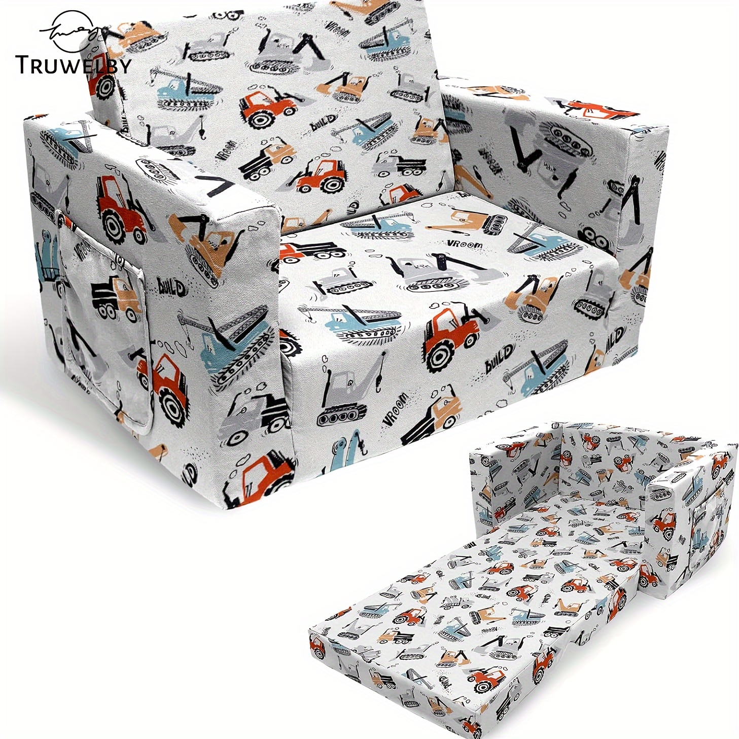 

Truwelby Mini Couch Mini Sofa Children's 2 In 1 Convertible Sofa To Lounger - Extra Soft Flip Open Chair & Sleeper, Truck Excavator Car Printed Mini Chairs For Boys Girls Couch Bed