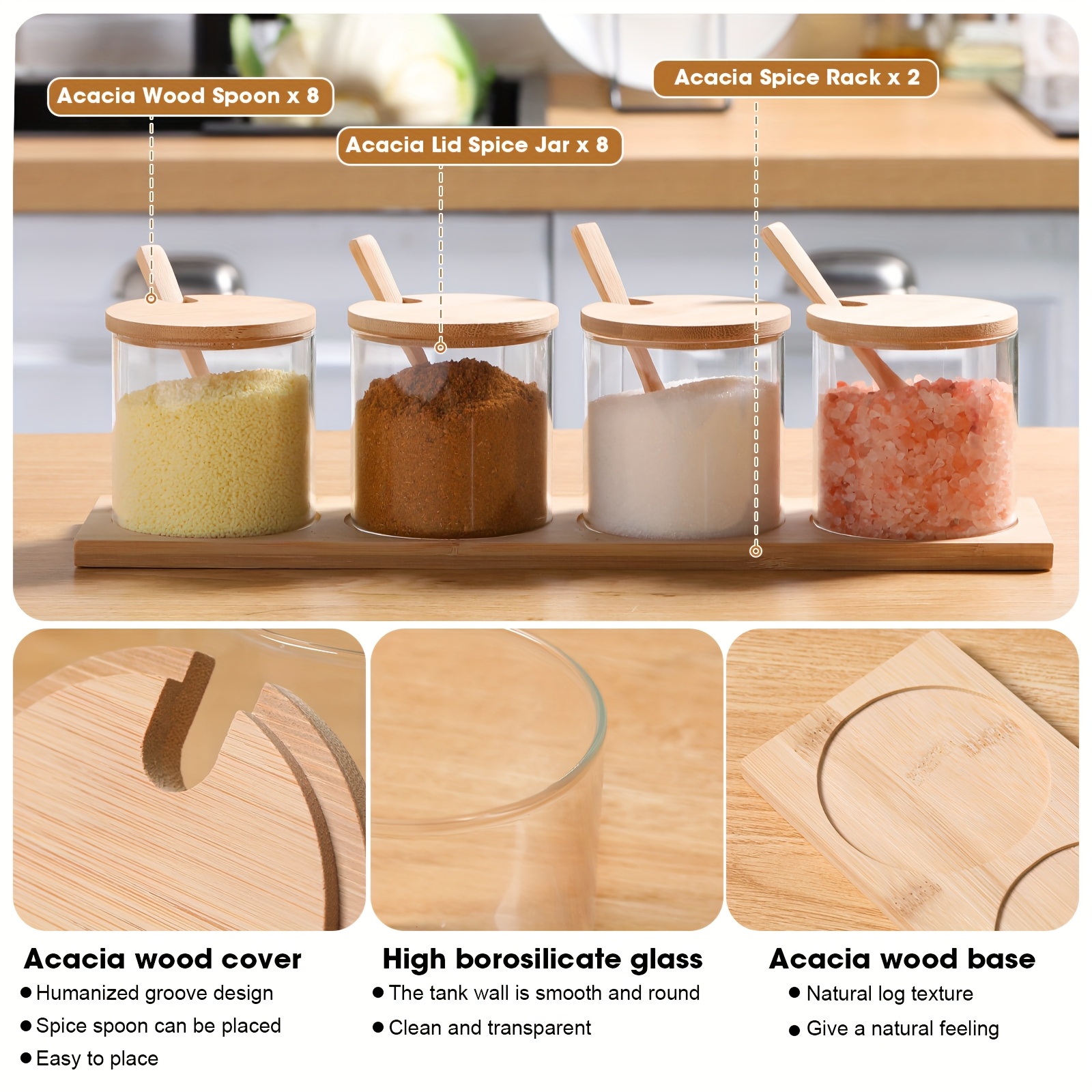 8pcs 10oz clear glass seasoning jar with wooden lid and spoon adorable sugar condiment jar canisters pot set bath salt sugar storage container box for   kitchen Product details 3