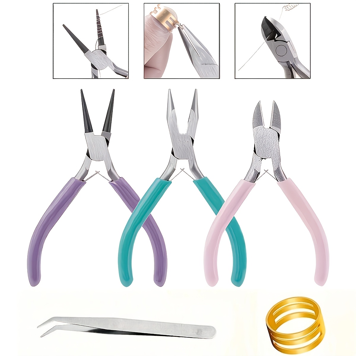 TEMU Kit de herramientas de 5/3/1 pieza de alicates para joyería que cortador de alambre de aguja y alicates de punta curva para suministros de