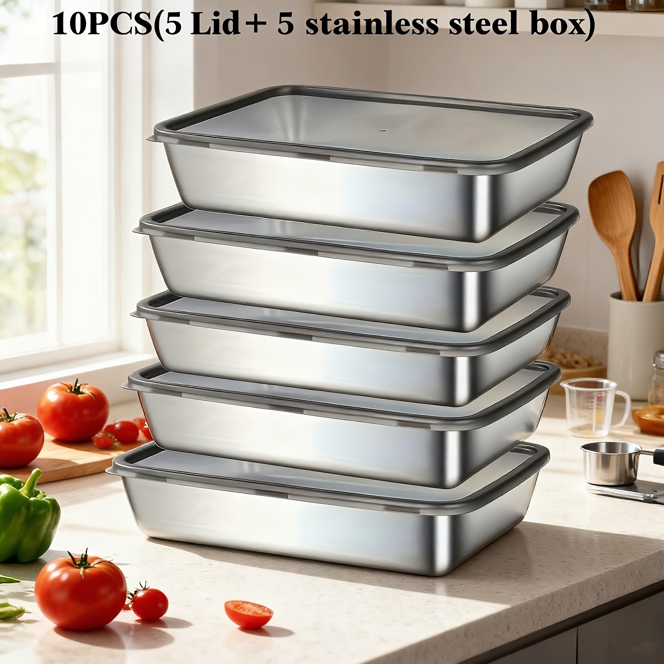TEMU 10pcs Set 5 Lids + 5 Boxes, Large Stainless Steel Baking Pans - Rectangular, Easy To Clean, , Perfect For Roasting Vegetables, Meats, And More -