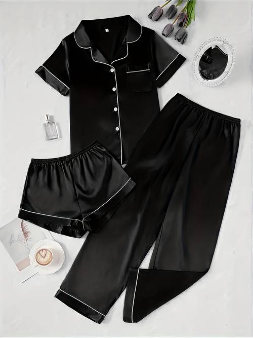 3pcs womens pajamas sleepwear short long nightgown suit short shorts full length pants solid color collar pajase with pocket machine washable sleepwear for s non 3pcs set for