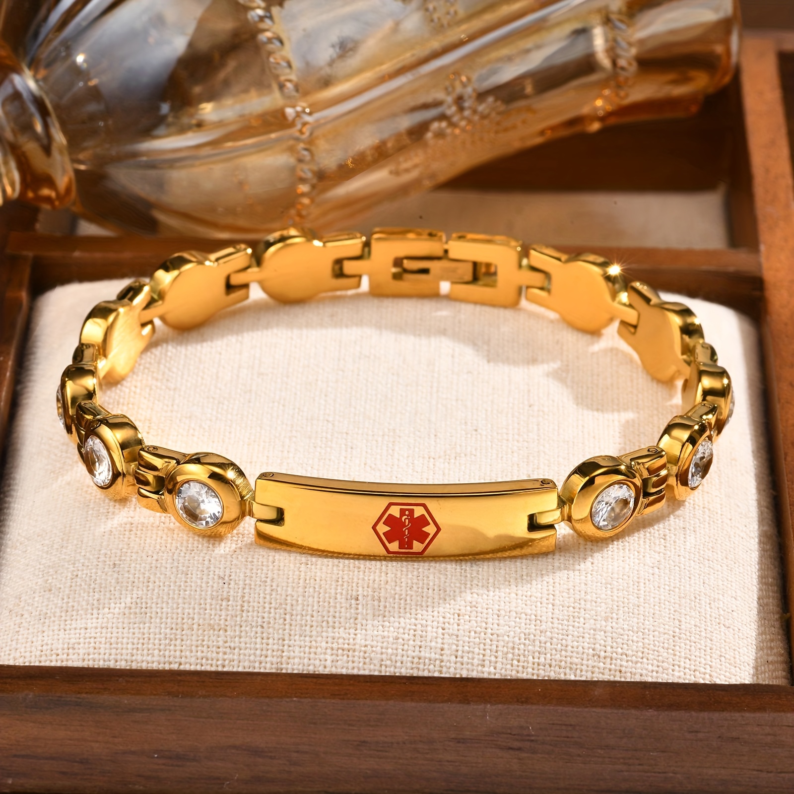 TEMU 1pc Custom Bracelet With Emergency Contact Elderly Anti-theft - 304 Stainless Emergency Tag Synthetic Cubic Zirconiaia Watch Band Bracelet In