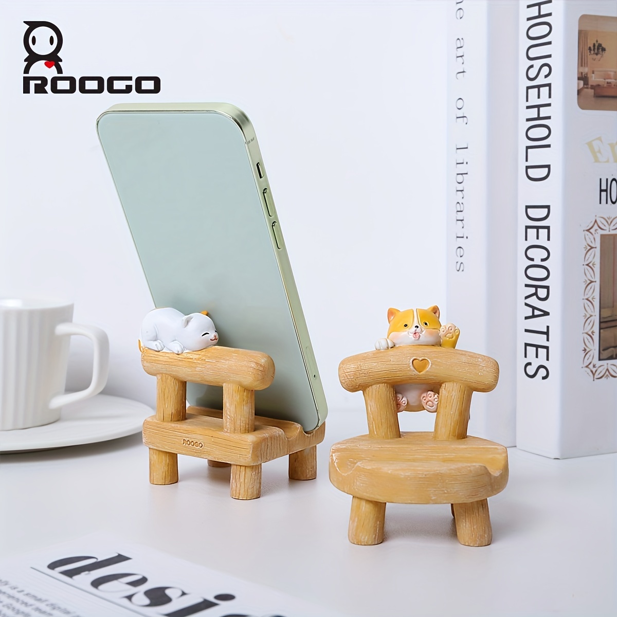 

Cat Chair Mobile Phone Holder Cute Desktop Stand Office Desk Creative Ornament Rack Wooden Lazy Stool