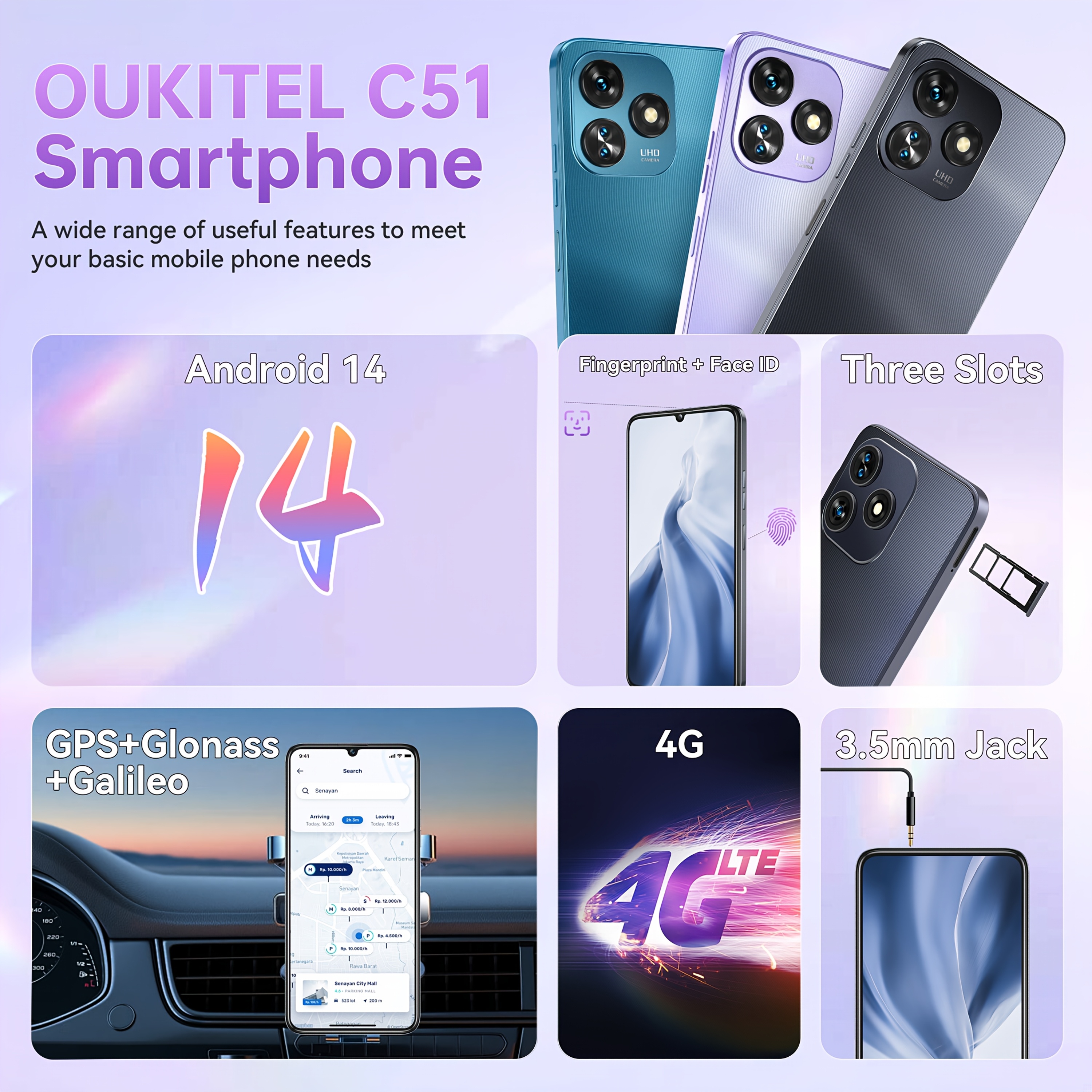 OUKITEL C51 Sim-Free & Unlocked Mobile Phones, Android 14 16(4+128) GB RAM+128GB ROM, 4G Mobile Phones SIM Free Unlocked, Dual SIM Smartphone 13MP+5MP Camera, 6.8