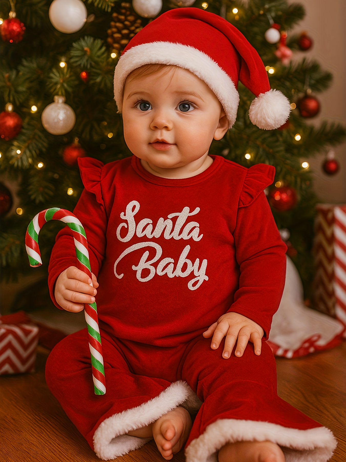 Kerstoutfit Set - Rode & Witte Pluche Wijde Jumpsuit met Ruches, Kerstmuts & Pepernootachtige Laarzen | Kleding (Santa Lettering) | Wasmachinebestendig