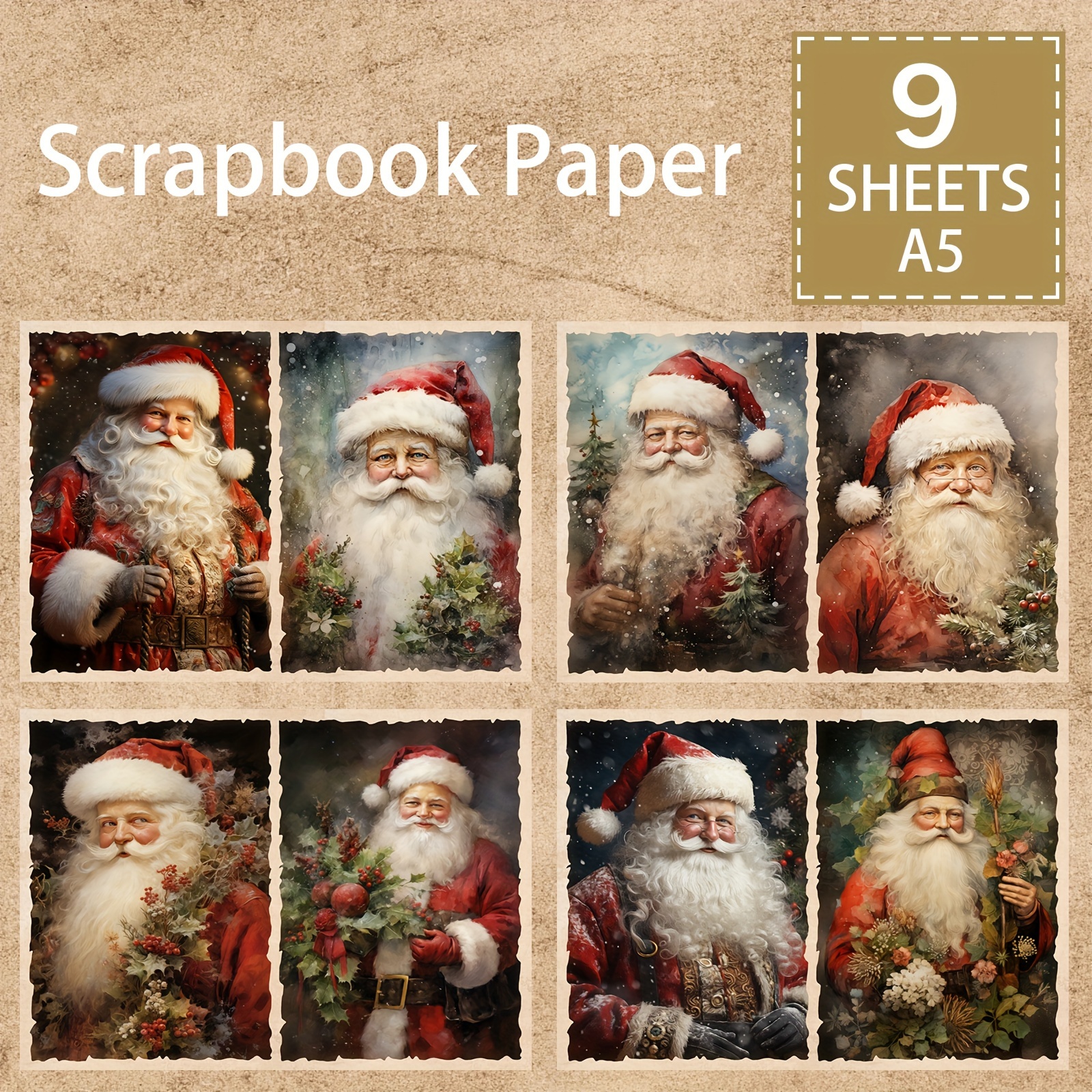 

9pcs A5 Christmas Santa Claus Themed Paper | Vintage Diy Journaling & Greeting Card Craft Supplies, Best For Christmas