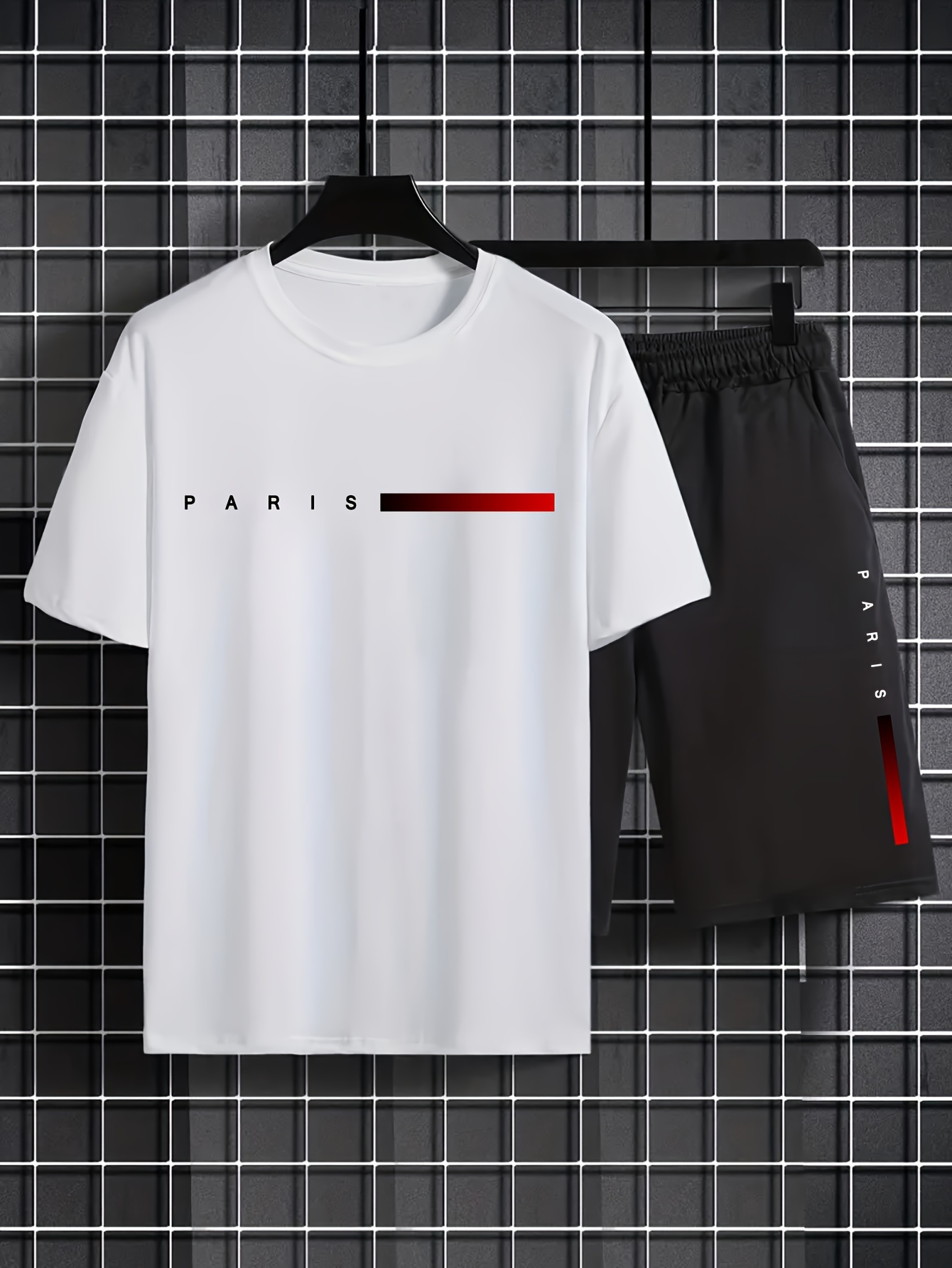 paris pattern print short sleeve round neck t-shirt & jogger shorts set, summer 2pcs comfy outfits for men white 2