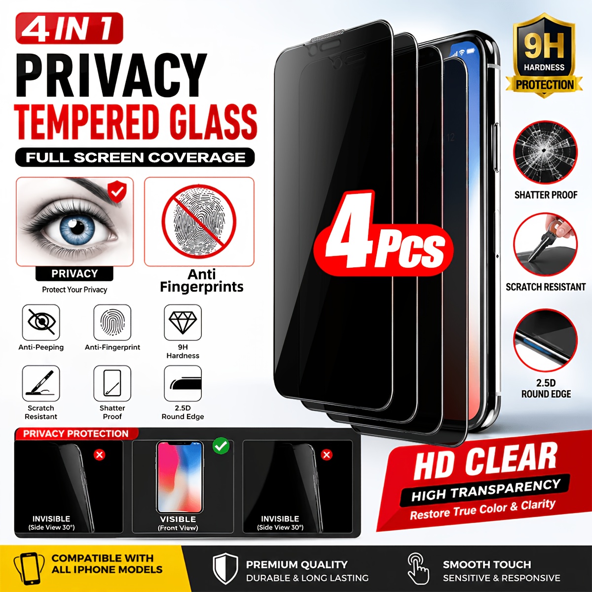 TEMU 4 Stück 9D Privacy Panzerglas Vollständige Abdeckung Displayschutzfolie Kompatibel mit für iPhone 18 Pro Max/18 Pro/17 Pro Max/17E/17 Air/16/15