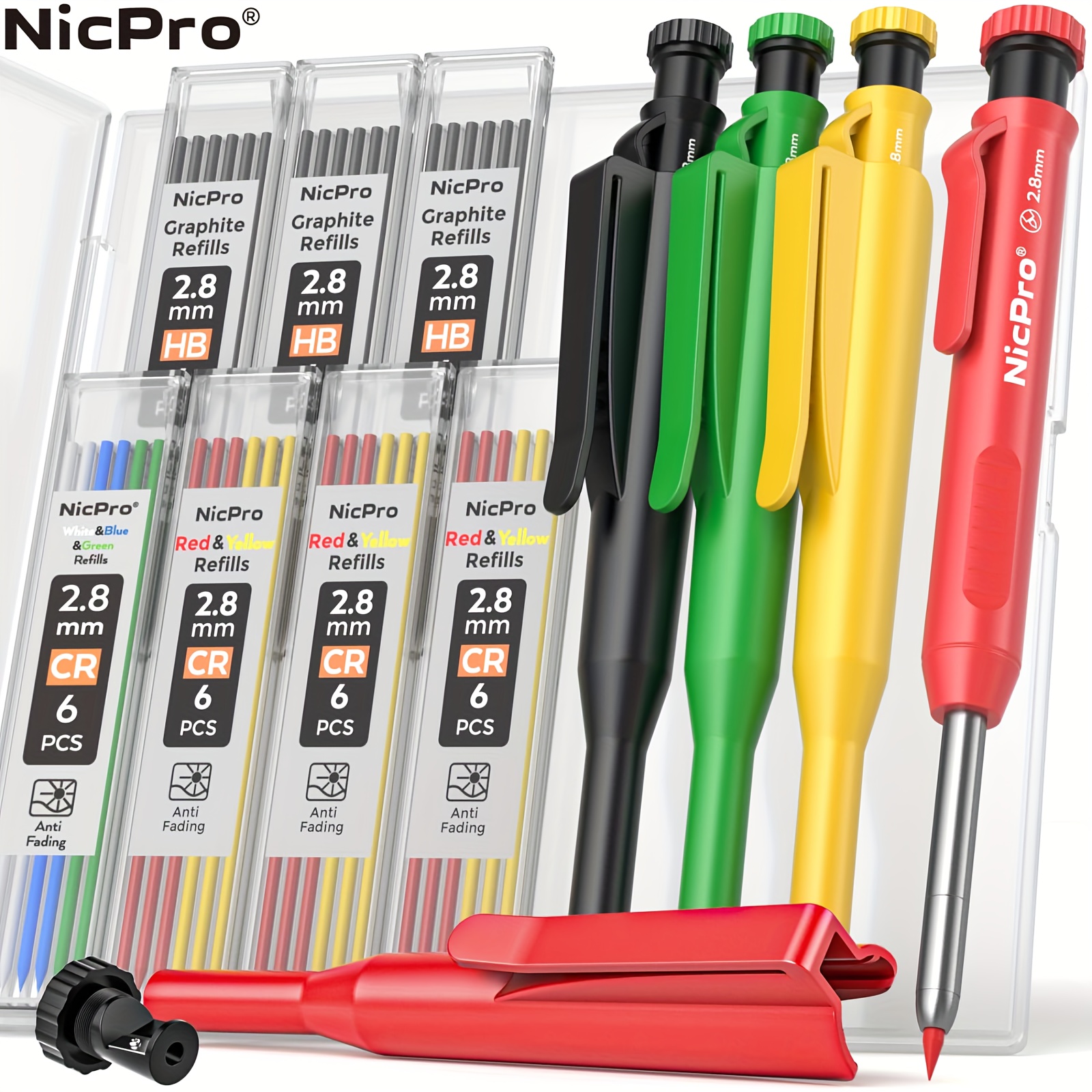 

Nicpro 4 Pack Carpenter Pencil With Sharpener & Cap, Mechanical Carpenter Pencils Set With 52 Refill, Deep Hole Marker Woodworking Pencils, Heavy Duty Construction Pencils For -with Case