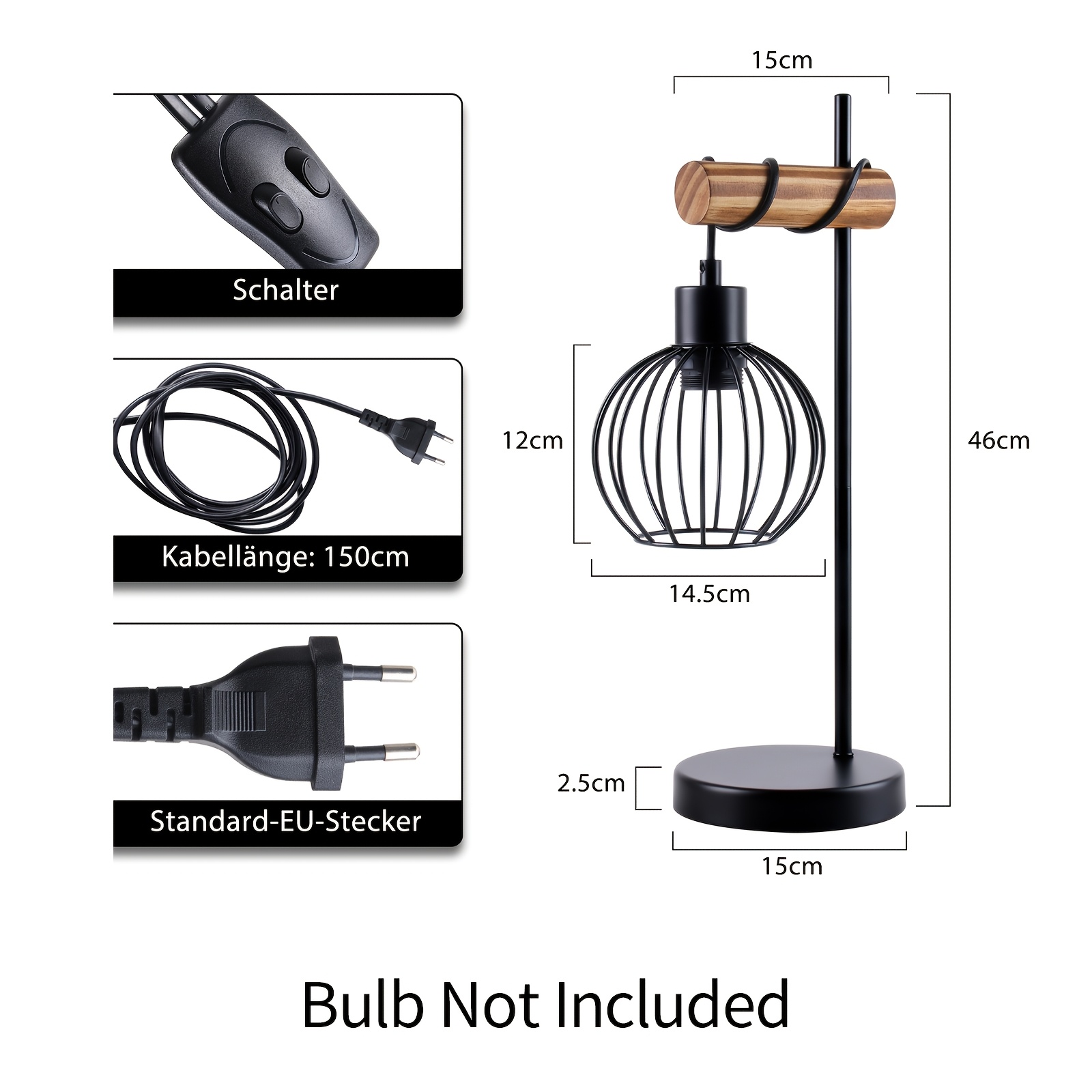 TEMU Retro Table Lamp Office Table Lamp Black Wooden Table Lamp Metal Industrial E27 Table Lamp With Cage Lampshade Vintage Office Table Lamp For