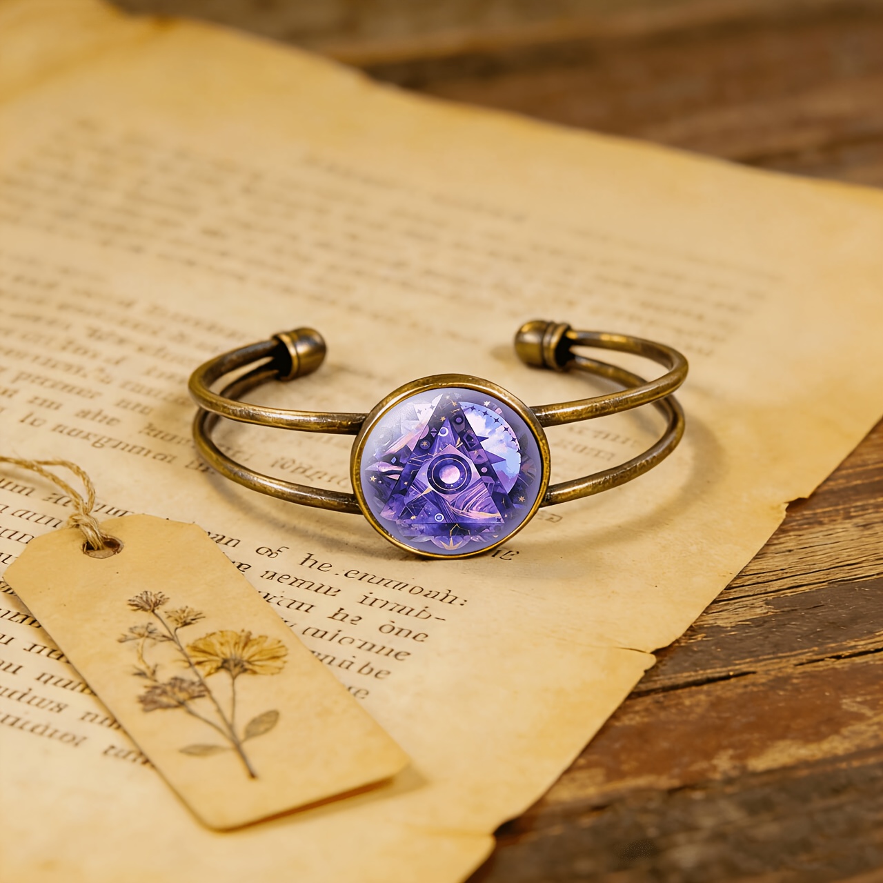 Antique Cyan Double-Layer Adjustable Bracelet with Purple Pattern