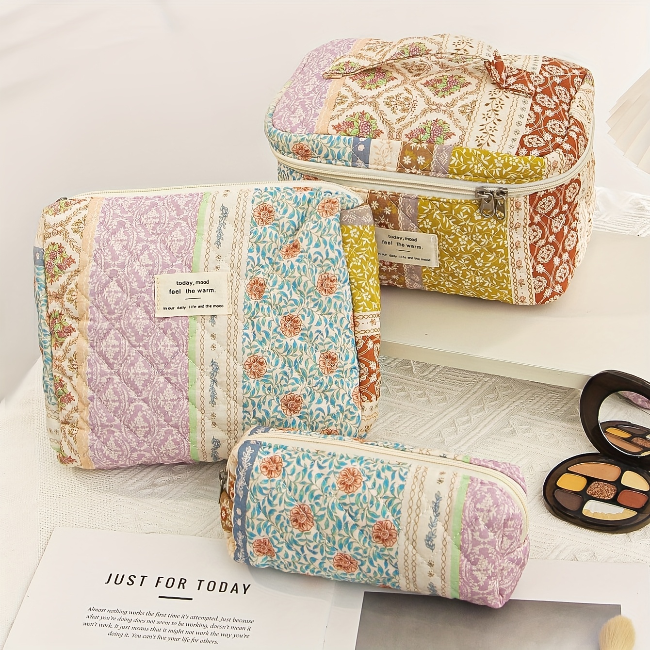 TEMU Set di Borse Cosmetiche Patchwork per Donne in Stile Boh矇mien con Compartimenti per Rossetto e della Pelle, Borsa Cosmetica Trapuntata Portatile