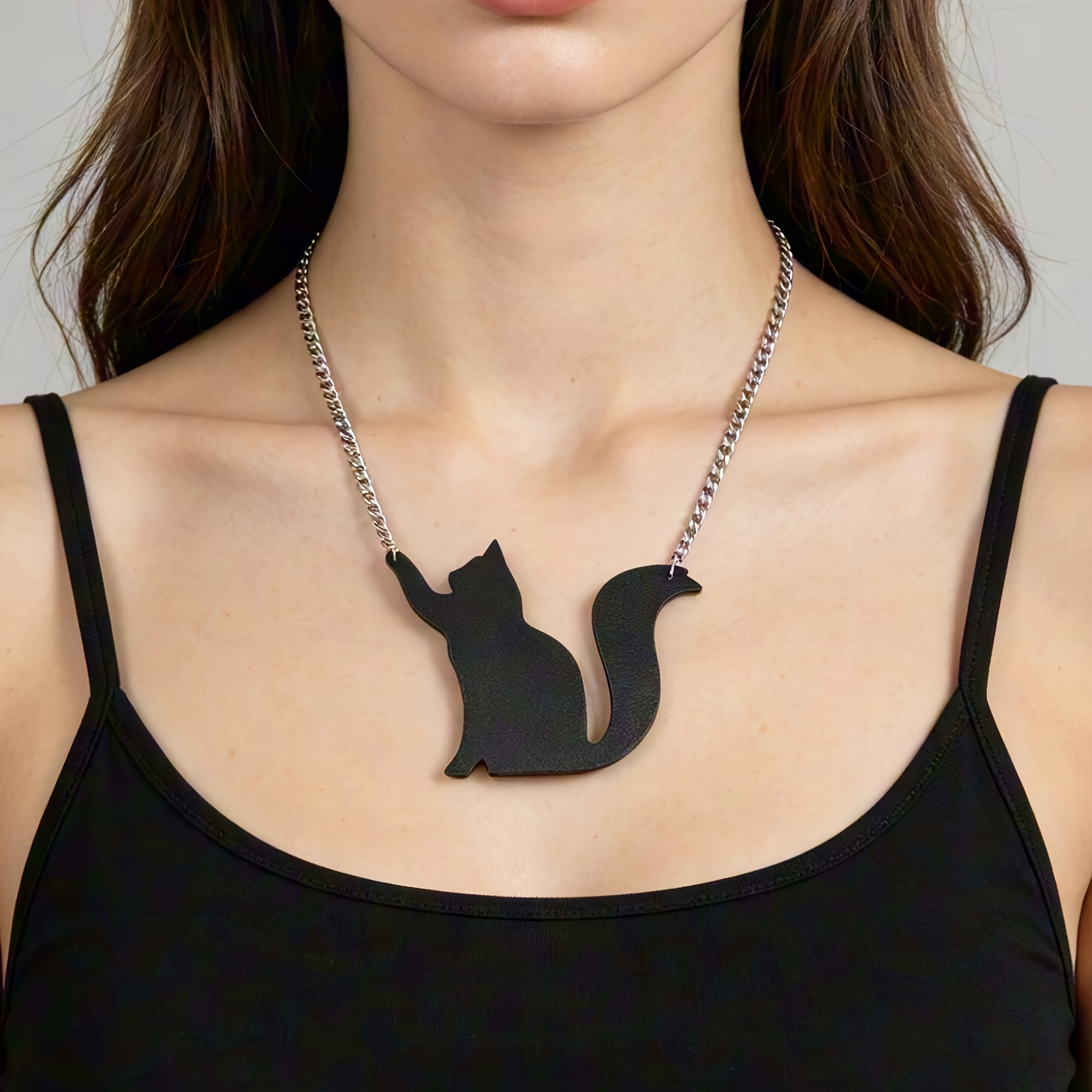 TEMU A Black Cat Silhouette Pendant Necklace Suitable For Women' Wear, Parties, Animal-themed Jewelry, And Gothic Dark Aesthetic Long Chain Necklaces
