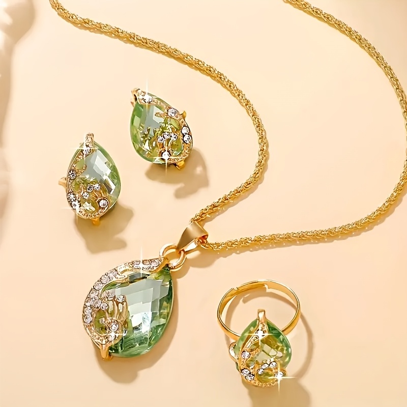 TEMU 4pcs Elegant Ladies Jewelry Set With Green Synthetic Zirconia - Golden Necklace, Earrings And Rings - Luxurious And Gift For Casual Attire And