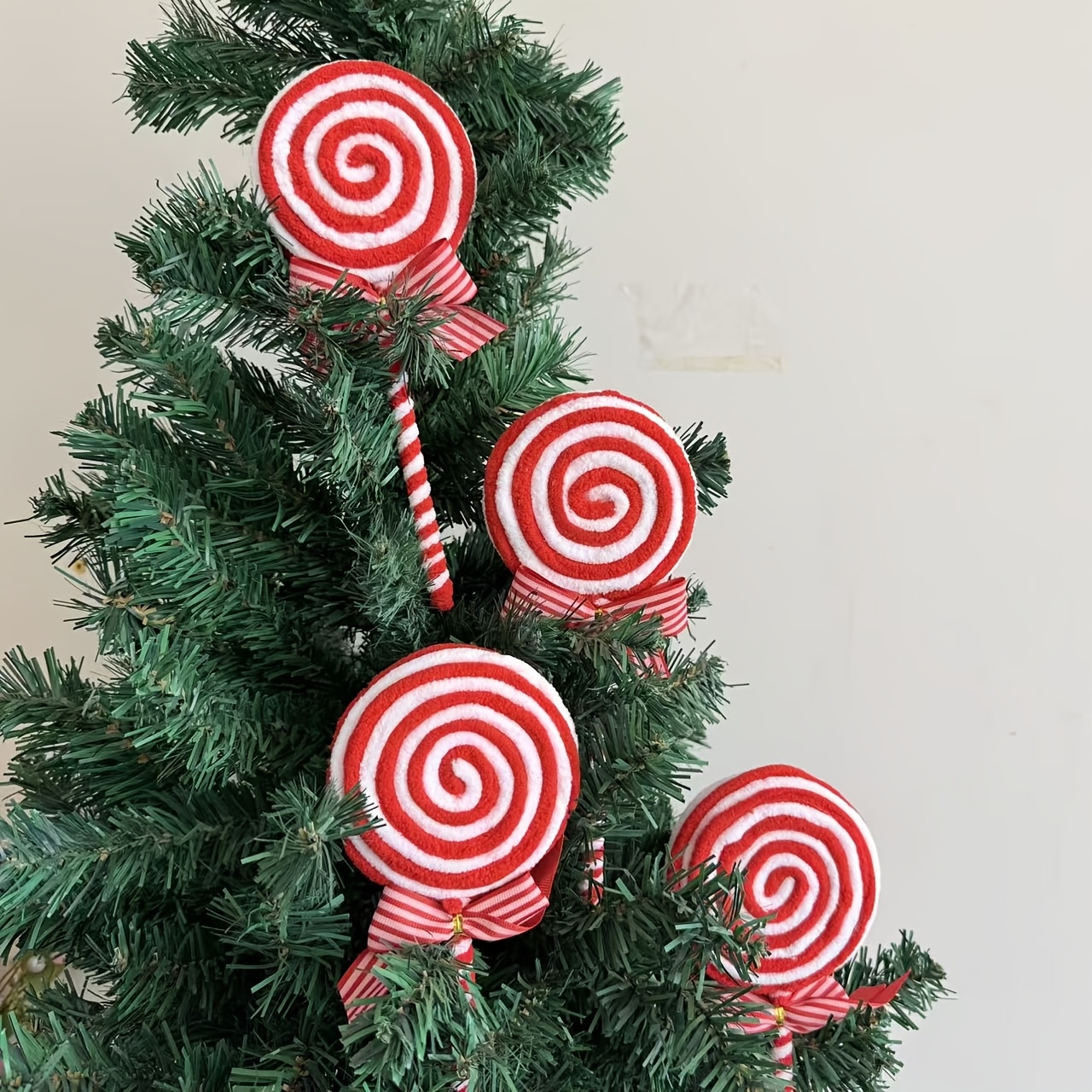 TEMU 4pcs Set Of Red And White Striped Plush Christmas Tree Ornaments, Soft And Cute Color-contrasting Plush Lollipop Hanging Ornaments For Christmas