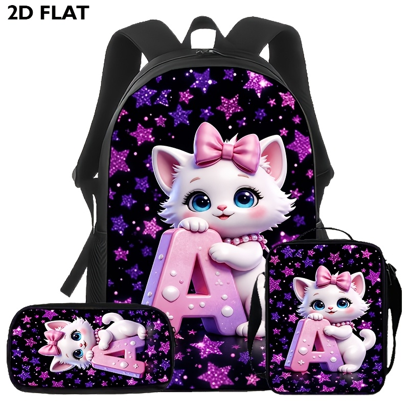 TEMU 3pcs Set Of Kitten-themed Backpacks With Pencil Case And Lunch Bag - Large Capacity School Bag, Adjustable Straps, Lightweight Design For Daily