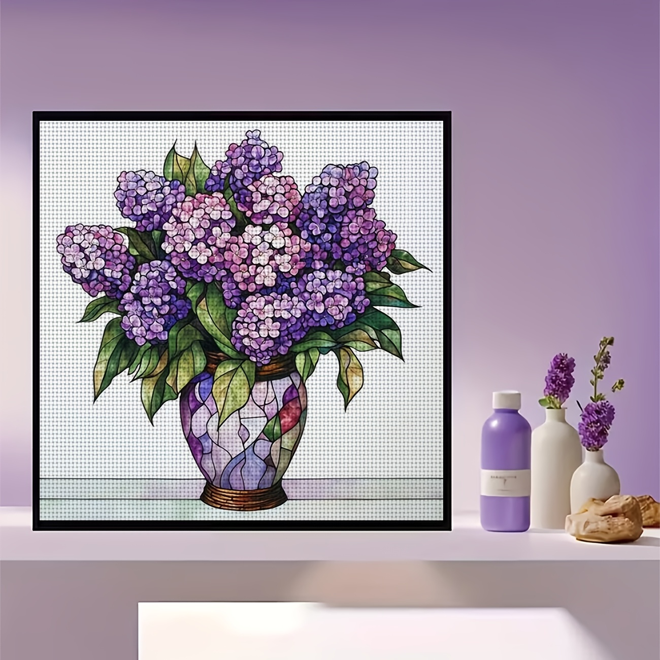 Cross Stitch Printed Kit, Colorful Bottles in Pink Bouquet Pattern