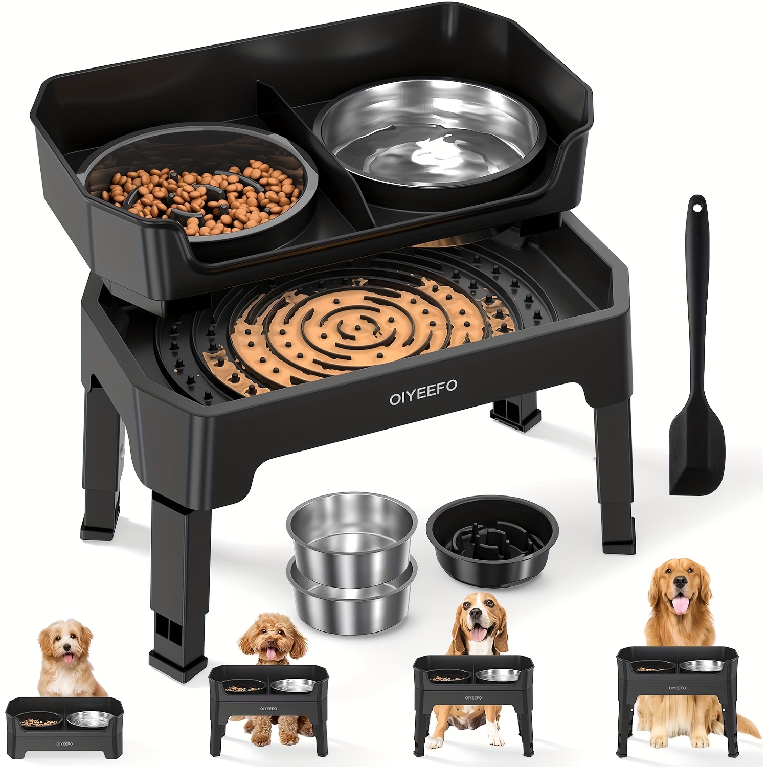 TEMU 3/4 In 1 Large Elevated Dog Bowls: 4 Adjustable Height Raised Dog Bowl Stand With Design - Slow Feeder Licking Plate With 2*53oz Food Bowls